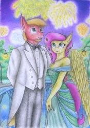 Size: 2451x3499 | Tagged: safe, artist:sinaherib, derpibooru import, big macintosh, fluttershy, anthro, breasts, cleavage, clothes, dress, female, fireworks, fluttermac, high res, male, shipping, straight, traditional art, tuxedo