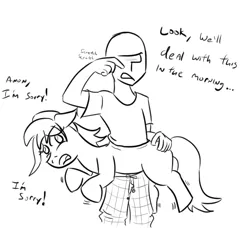 Size: 709x686 | Tagged: anon in pony action, artist:jargon scott, butt touch, derpibooru import, dialogue, grayscale, hand on butt, monochrome, oc, oc:anon, oc:thingpone, open mouth, safe, simple background, the thing, tired, unofficial characters only, wat, white background