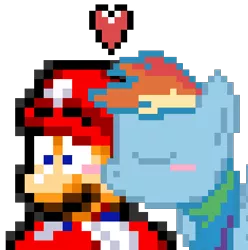 Size: 392x395 | Tagged: safe, artist:lilly-the-pkmn, derpibooru import, rainbow dash, blushing, crossover, crossover shipping, female, kissing, male, maridash, mario, pixel art, shipping, straight, super mario bros.