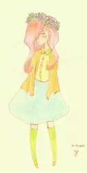 Size: 2799x5563 | Tagged: artist:winterontherooftop, clothes, derpibooru import, floral head wreath, fluttershy, human, humanized, safe, solo, sweater, sweatershy