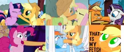 Size: 1602x679 | Tagged: applejack, derpibooru import, dragonshy, edit, edited screencap, feederjack, feignbow dash, fluttershy, force feeding, friendship is magic, hoof fetish, hoof in mouth, hoofjack, idw, meme, pinkie pie, rainbow dash, rainbow falls, rarity, saddle bag, safe, screencap, that is my fetish, that's my x, twilight sparkle