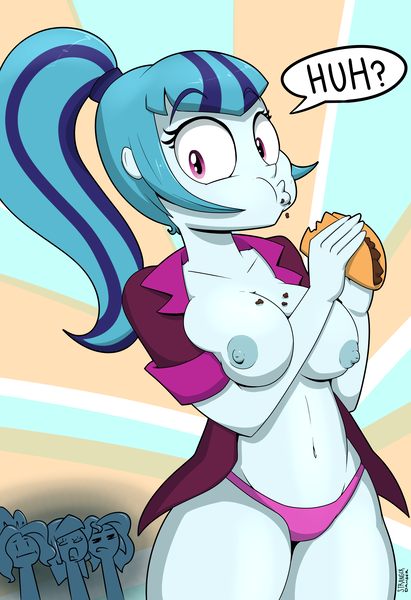 Size: 3900x5700 | Tagged: questionable, artist:strangerdanger, derpibooru import, adagio dazzle, sonata dusk, sunset shimmer, twilight sparkle, twilight sparkle (alicorn), equestria girls, areola, belly button, big areola, breast envy, breasts, busty sonata dusk, clothes, crumbs, dialogue, eating, envy, female, females only, nipples, nudity, panties, pink underwear, serial breascalation, sonata donk, sunburst background, taco, underwear
