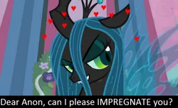 Size: 851x517 | Tagged: bronybait, caption, changeling, changeling queen, derpibooru import, edit, edited screencap, female, implied futa, impregnation, meta, oc, oc:anon, queen chrysalis, screencap, solo, suggestive, text