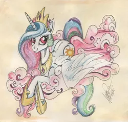 Size: 924x884 | Tagged: artist:sagastuff94, cloud, derpibooru import, princess celestia, prone, safe, smiling, solo, spread wings, traditional art