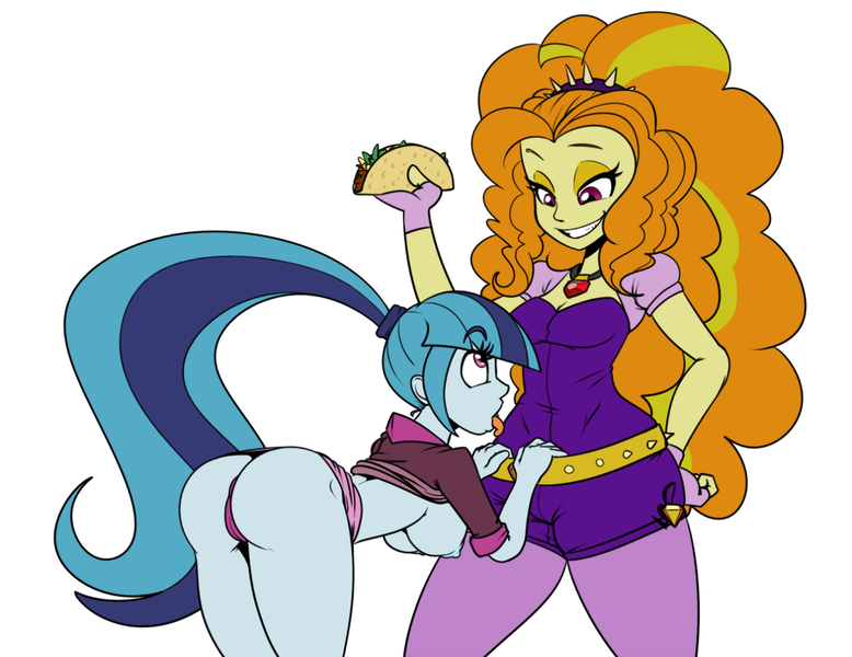 Size: 1280x987 | Tagged: dead source, questionable, artist:reiduran, derpibooru import, adagio dazzle, sonata dusk, equestria girls, a-domme-gio, ass, breasts, busty adagio dazzle, busty sonata dusk, cameltoe, cleavage, clothes, female, gem, jewelry, lesbian, midriff, nipples, nudity, panties, pendant, pink underwear, ponytail, shipping, siren gem, skirt, sonagio, sonata donk, sonataco, taco, thong, underwear, upskirt