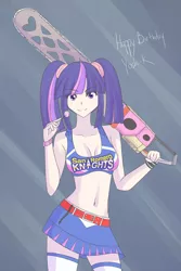 Size: 1280x1918 | Tagged: artist:jonfawkes, belly button, clothes, cosplay, derpibooru import, human, humanized, lollipop chainsaw, midriff, safe, skirt, twilight sparkle, voice actor joke