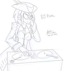 Size: 1280x1424 | Tagged: 30 minute art challenge, artist:jonfawkes, black and white, derpibooru import, grayscale, headphones, human, humanized, monochrome, pirate, safe, turntable, vinyl scratch