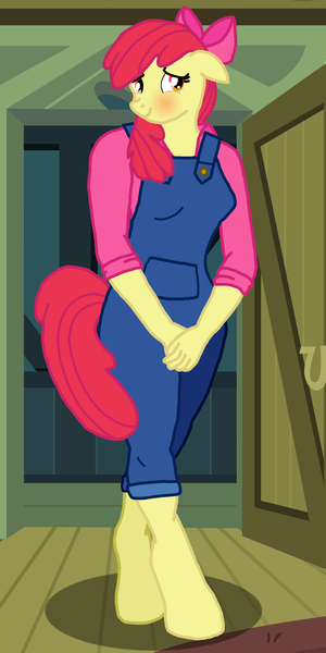 Size: 2200x4400 | Tagged: safe, alternate version, artist:flyingbrickanimation, derpibooru import, apple bloom, anthro, earth pony, unguligrade anthro, adult, blushing, clothes, covering, floppy ears, hooves, multiple variants, older, overalls, questionable source, shirt, solo, .zip file at source