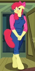 Size: 2200x4400 | Tagged: safe, alternate version, artist:flyingbrickanimation, derpibooru import, apple bloom, anthro, earth pony, unguligrade anthro, adult, blushing, clothes, covering, floppy ears, hooves, multiple variants, older, overalls, questionable source, shirt, solo, .zip file at source