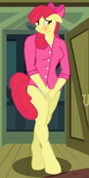 Size: 2200x4400 | Tagged: suggestive, alternate version, artist:flyingbrickanimation, derpibooru import, apple bloom, anthro, earth pony, unguligrade anthro, blushing, clothes, covering, female, floppy ears, hooves, multiple variants, older, panties, questionable source, shirt, solo, solo female, underwear, white underwear, .zip file at source