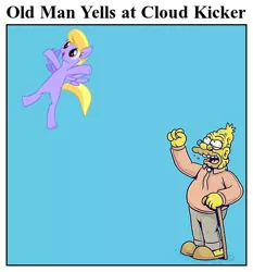 Size: 420x450 | Tagged: abe simpson, angry, cane, caption, cloud kicker, derpibooru import, glasses, grampa simpson, happy, headline, image macro, meme, old man yells at cloud, open mouth, safe, simpsons did it, the simpsons