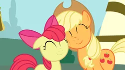 Size: 1152x648 | Tagged: safe, derpibooru import, screencap, apple bloom, applejack, earth pony, pony, adorabloom, applebetes, best sisters, bow, cute, eyes closed, female, filly, floppy ears, hair bow, jackabetes, mare, nuzzling, sisters, smiling, squishy cheeks, vector