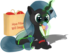Size: 1600x1200 | Tagged: artist:doz2nd, bracelet, changeling, changeling queen, cute, cutealis, derpibooru import, eating, female, filly, filly queen chrysalis, foal, food, heart, ice cream, magic, nymph, paper bag, pillow, queen chrysalis, safe, shadow, simple background, solo, telekinesis, text, transparent background, younger