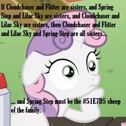 Size: 500x500 | Tagged: safe, derpibooru import, cloudchaser, flitter, lilac sky, spring step, sunlight spring, sweetie belle, black sheep, cheerleader, color, exploitable meme, headcanon, hex, image macro, meme, sisters, sudden clarity sweetie belle