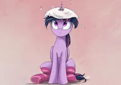 Size: 2000x1397 | Tagged: safe, artist:ncmares, derpibooru import, twilight sparkle, twilight sparkle (alicorn), alicorn, pony, clothes, feather, female, frown, horn impalement, looking up, mare, messy mane, pillow, pillow hat, sitting, socks, solo, striped socks, underhoof, wide eyes