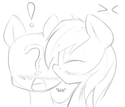 Size: 500x428 | Tagged: anonpone, anonymous, artist:randy, black and white, blushing, derpibooru import, exclamation point, eyes closed, grayscale, kissing, monochrome, oc, oc:aryanne, safe, shipping, sketch, unofficial characters only