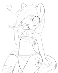 Size: 500x635 | Tagged: anthro, artist:randy, black and white, clothes, derpibooru import, drool, drool string, female, foalcon, grayscale, grenade, heart, monochrome, nazi, oc, oc:aryanne, outline, solo, solo female, stielhandgranate, sucking, suggestive, swastika, swimsuit, unofficial characters only, weapon, younger