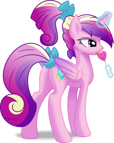 Size: 6400x8029 | Tagged: safe, artist:kp-shadowsquirrel, artist:parclytaxel, derpibooru import, princess cadance, alicorn, pony, .svg available, absurd resolution, female, inkscape, levitation, licking, lollipop, lovebutt, magic, mare, open mouth, plot, ponytail, shading, simple background, solo, standing, tail bow, teen princess cadance, telekinesis, tongue out, transparent background, vector, younger