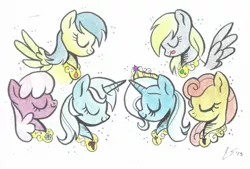 Size: 2074x1404 | Tagged: safe, artist:garciarael, derpibooru import, carrot top, cheerilee, derpy hooves, golden harvest, lyra heartstrings, sunshower raindrops, trixie, pegasus, pony, alternate universe, elements of harmony, eyes closed, female, lunaverse, mare