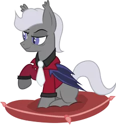 Size: 2888x3108 | Tagged: safe, artist:duskthebatpack, derpibooru import, oc, oc:strobe light, unofficial characters only, bat pony, pony, clothes, male, necktie, pillow, raised eyebrow, raised hoof, shirt, simple background, sitting, smirk, smug, solo, stallion, suit, transparent background, vector