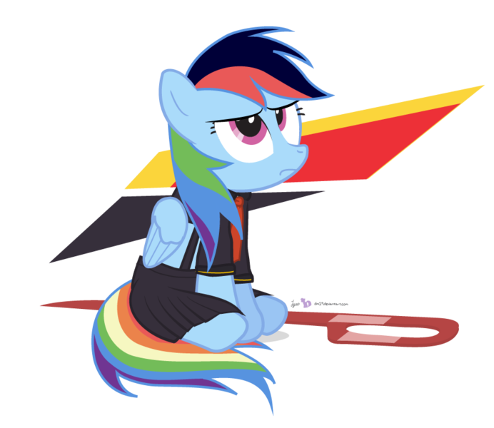 Size: 900x780 | Tagged: artist:dm29, clothes, crossover, derpibooru import, erica mendez, kill la kill, parody, rainbow dash, ryuko matoi, safe, scissor blade, simple background, sitting, solo, transparent background, voice actor joke