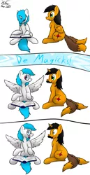 Size: 660x1280 | Tagged: safe, artist:the-furry-railfan, derpibooru import, oc, oc:minty candy, oc:twintails, unofficial characters only, pegasus, pony, unicorn, book, comic, de magicks, glasses, moustache, panic, race swap, silly, silly pony, simple background, spell gone wrong, spellbook, white background