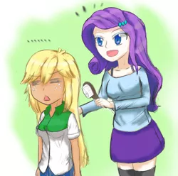 Size: 1132x1123 | Tagged: safe, artist:jumboz95, derpibooru import, applejack, rarity, equestria girls, brush