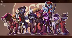 Size: 2000x1081 | Tagged: safe, artist:bonbrony, derpibooru import, applejack, berry punch, berryshine, big macintosh, pinkie pie, rainbow dash, rarity, shining armor, twilight sparkle, earth pony, pony, archimedes, crossover, demoberry, demoman, engiejack, engineer, heavy mac, heavy weapons guy, male, medic, pinkie pyro, pyro, rainbow scout, rarispy, scout, shining soldier, sniper, soldier, spy, stallion, team fortress 2, twi medic