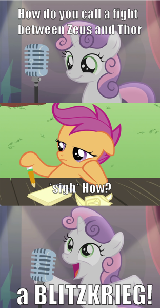 Size: 1740x3348 | Tagged: bad sweetie belle joke, blitzkrieg, bloom and gloom, derpibooru import, gods, lol, meme, safe, scootaloo, sweetie belle, thor, zeus