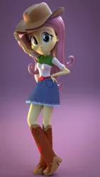Size: 1080x1920 | Tagged: safe, artist:3d thread, artist:creatorofpony, derpibooru import, applejack, fluttershy, equestria girls, 3d, blender, boots, clothes, clothes swap, cowboy boots, cowboy hat, cowgirl, denim skirt, hat, high heel boots, looking at you, shoes, skirt, solo, stetson