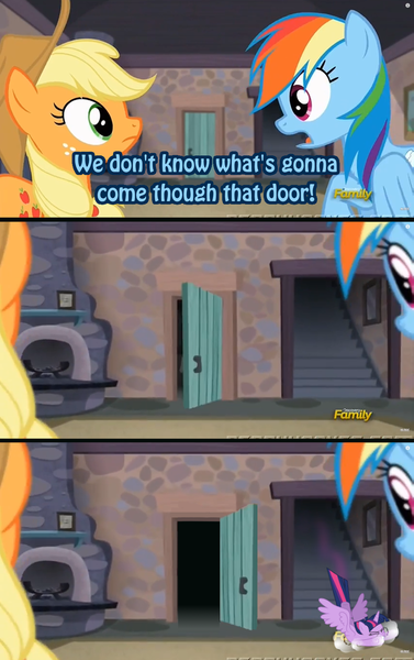 Size: 643x1024 | Tagged: safe, derpibooru import, applejack, rainbow dash, twilight sparkle, twilight sparkle (alicorn), alicorn, pony, the cutie map, crash, crash landing, crashlight, exploitable meme, female, mare, meme, that door, twilight can't fly