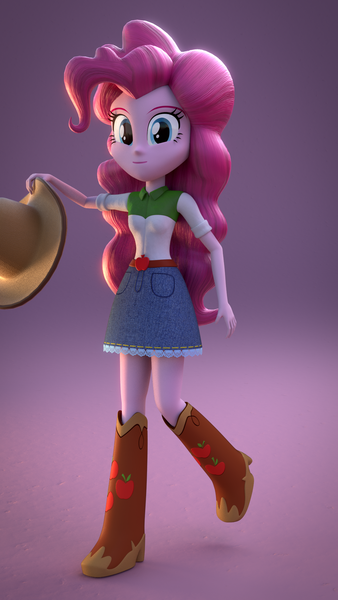 Size: 1080x1920 | Tagged: dead source, safe, artist:3d thread, artist:creatorofpony, derpibooru import, applejack, pinkie pie, equestria girls, /mlp/, 3d, applejack's skirt, blender, boots, clothes, clothes swap, country pie, cowboy boots, cowboy hat, cowgirl, denim skirt, hat, high heel boots, image, png, shoes, skirt, smiling, solo, stetson