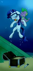 Size: 1600x3400 | Tagged: safe, artist:uwdr-64, derpibooru import, rarity, spike, dragon, pony, unicorn, air bubble, bubble, drowning, female, holding breath, male, mare, rescue, sand, treasure chest, underwater