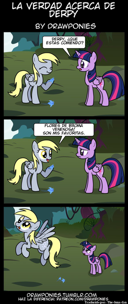 Size: 580x1378 | Tagged: safe, artist:drawponies, derpibooru import, derpy hooves, twilight sparkle, twilight sparkle (alicorn), alicorn, pony, comic, female, mare, poison joke, spanish, translation, translator:the-luna-fan