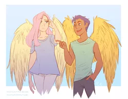 Size: 990x765 | Tagged: artist:vasira, clothes, dark skin, derpibooru import, flash sentry, flutterflash, fluttershy, hair over one eye, human, humanized, looking at each other, open mouth, pointing, raised eyebrow, safe, winged humanization