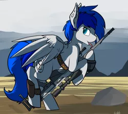 Size: 2841x2532 | Tagged: suggestive, artist:erthilo, derpibooru import, oc, oc:sapphire sights, unofficial characters only, pegasus, pony, fallout equestria, barrett 98b, bedroom eyes, belt, bipedal, cutie mark, drool, female, gun, holster, hooves, licking, looking back, mare, mountain, open mouth, optical sight, pipbuck, raised leg, rifle, rock, smiling, sniper, sniper rifle, solo, solo female, spread wings, tongue out, wasteland, weapon, wings