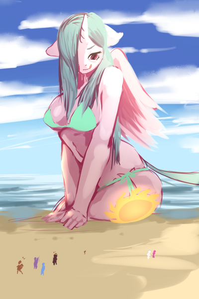 Size: 750x1125 | Tagged: suggestive, artist:weisdrachen, derpibooru import, fluttershy, princess celestia, anthro, plantigrade anthro, barefoot, beach, bedroom eyes, bikini, breasts, busty princess celestia, clothes, feet, female, floppy ears, giant anthro, giantess, in the distance, kneeling, licking, licking lips, macro, smiling, soles, solo, swimsuit, tongue out, water, wet, wings, wip