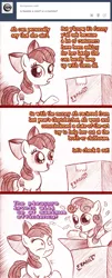 Size: 792x1970 | Tagged: suggestive, artist:jaxonian, derpibooru import, apple bloom, sweetie belle, earth pony, pony, robot, robot pony, unicorn, ask fapplebloom, ask fapplebloom 3, ask, box, comic, cutie mark, female, filly, foal, foalcon, hooves, horn, missing cutie mark, monochrome, open mouth, prostitution, solo, sweetie bot, text, tumblr