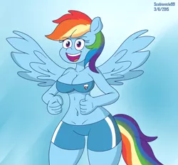 Size: 1024x952 | Tagged: anthro, artist:scobionicle99, belly button, breasts, cleavage, clothes, derpibooru import, female, hips, midriff, rainbow dash, sports bra, sports shorts, suggestive, wings