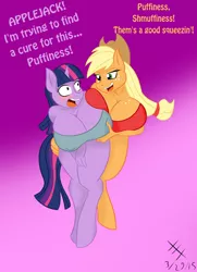 Size: 2560x3544 | Tagged: suggestive, artist:kaixxxcorner, artist:lil miss jay, derpibooru import, applejack, twilight sparkle, anthro, unguligrade anthro, bad touch, big breasts, blushing, breast grab, breasts, busty applejack, busty twilight sparkle, cleavage, clothes, embarrassed, female, grope, huge breasts, impossibly large breasts, lesbian, molestation, shipping, tube top, twijack