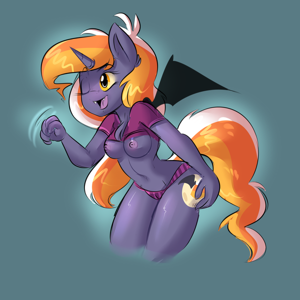 Size: 3000x3000 | Tagged: questionable, artist:zombie, derpibooru import, oc, oc:candy corn, unofficial characters only, alicorn, anthro, bat pony, bat pony unicorn, alicorn oc, breasts, clothes, female, handjob, mare, nipples, nudity, panties, shirt lift, solo, solo female, underwear