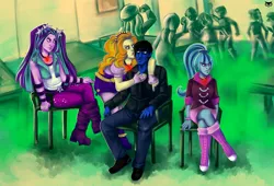 Size: 1160x787 | Tagged: safe, artist:madblackie, derpibooru import, adagio dazzle, aria blaze, sandalwood, sonata dusk, starlight, oc, equestria girls, rainbow rocks, background human, the dazzlings