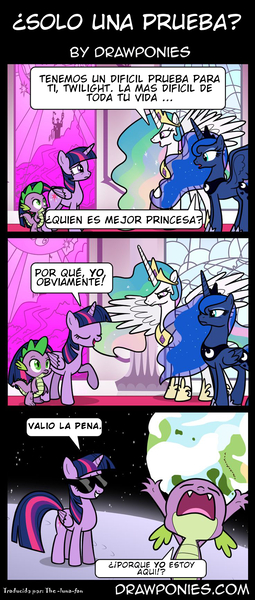 Size: 736x1731 | Tagged: safe, artist:drawponies, derpibooru import, princess celestia, princess luna, spike, twilight sparkle, twilight sparkle (alicorn), alicorn, pony, comic, female, mare, spanish, translation, translator:the-luna-fan, trollight sparkle