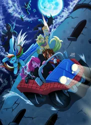 Size: 3600x4951 | Tagged: applejack, artist:anderson-07, artist:darkereve, catsuit, changeling, crossover, derpibooru import, fight, moon, peter parker, pinkie pie, ponified, rainbow dash, safe, spider-man, spider mobile, spiders and magic iii: days of friendship past, spiders and magic: rise of spider-mane, sweetie belle