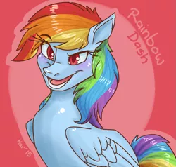 Size: 907x862 | Tagged: artist:penny-rhythm, blushing, cute, derpibooru import, duck pony, looking at you, open mouth, portrait, rainbow dash, raised eyebrow, safe, simple background, smirk, solo