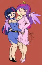 Size: 875x1354 | Tagged: artist:danmakuman, artist:ponyguy67, clothes, colored, dancing, derpibooru import, dress, eyes closed, high heels, human, humanized, :o, princess cadance, safe, smiling, twilight sparkle, twilight sparkle (alicorn)