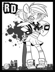 Size: 800x1035 | Tagged: alternate hairstyle, anthro, artist:lolopan, bandage, barrette, baseball bat, blood spray, clothes, derpibooru import, fingerless gloves, gloves, midriff, miniskirt, monochrome, pleated skirt, ponytail, rainbow dash, safe, school uniform, skirt, sneakers, socks, solo, tomboy, zettai ryouiki