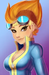 Size: 825x1275 | Tagged: artist:bumblebun, breasts, busty spitfire, cleavage, derpibooru import, female, goggles, human, humanized, smirk, solo, solo female, spitfire, stupid sexy spitfire, suggestive, wonderbolts uniform