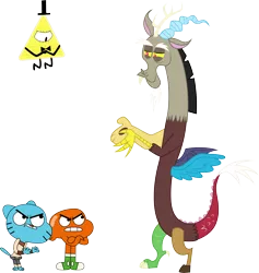 Size: 12642x13334 | Tagged: absurd resolution, artist:birdalliance, bill cipher, crossover, darwin watterson, dead source, derpibooru import, discord, gravity falls, gumball watterson, magic dorito, safe, simple background, the amazing world of gumball, transparent background, vector