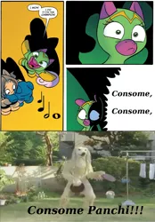 Size: 775x1115 | Tagged: artist:jay fosgitt, cheerilee, cloverleaf, consome panchi, creepy japanese commercial, derpibooru import, dog, fursuit, human, irl, irl human, meme, photo, safe, spoiler:comic, spoiler:comic29, surprise entrance meme